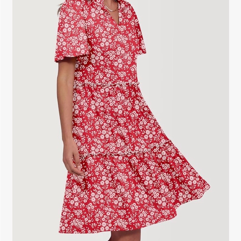 Red Floral Print V-Neck Midi Dress - Picture 4 of 10